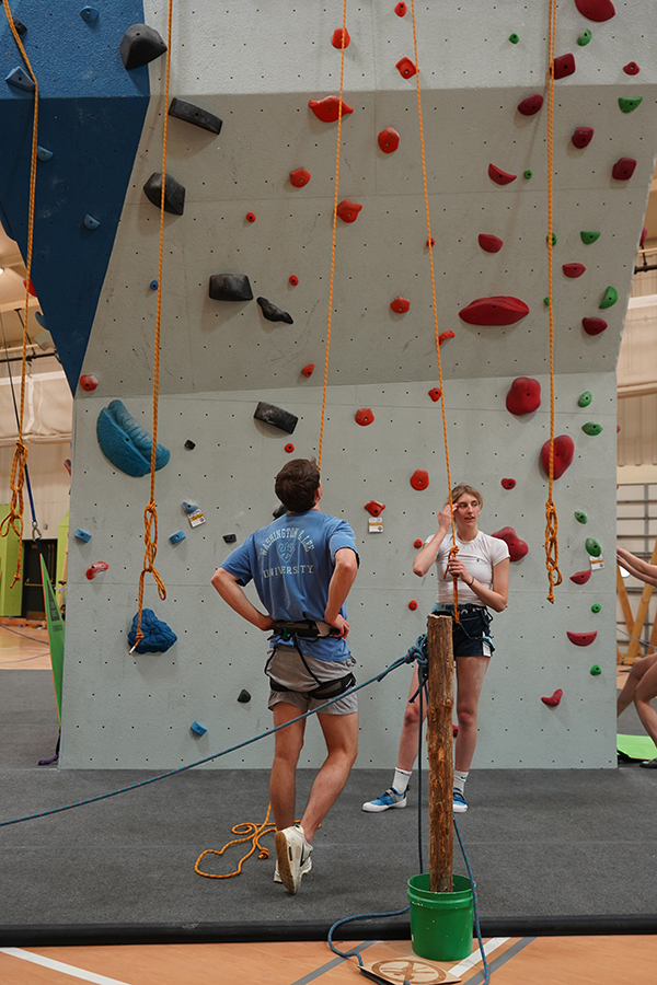 students at the climbing wall